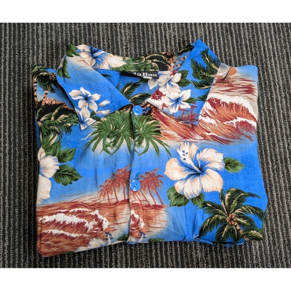 Hula Bay Honolulu Hawaiian Shirt Button Up Blue XL Tropical‎
